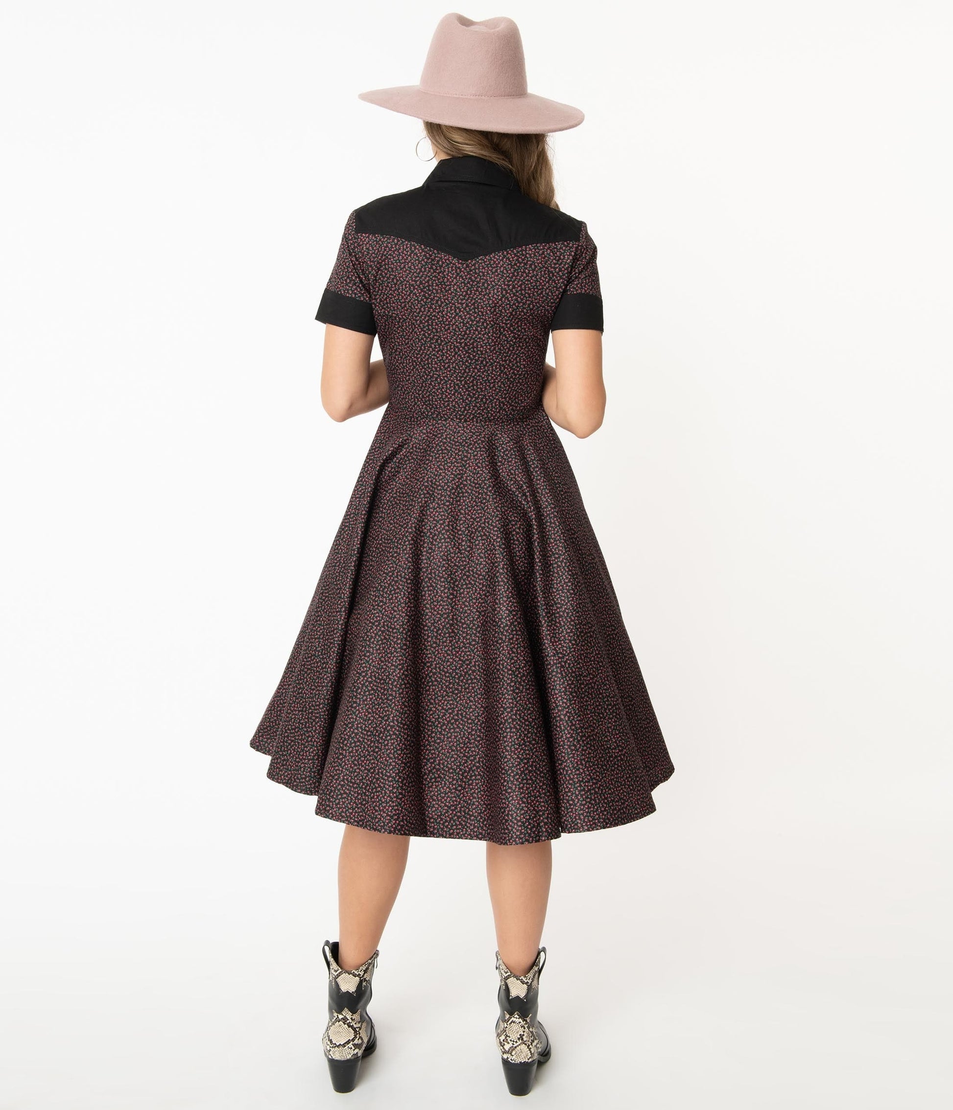 Magnolia Place Black & Pink Ditsy Floral Western Swing Dress