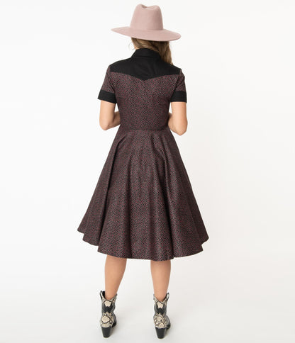 Magnolia Place Black & Pink Ditsy Floral Western Swing Dress