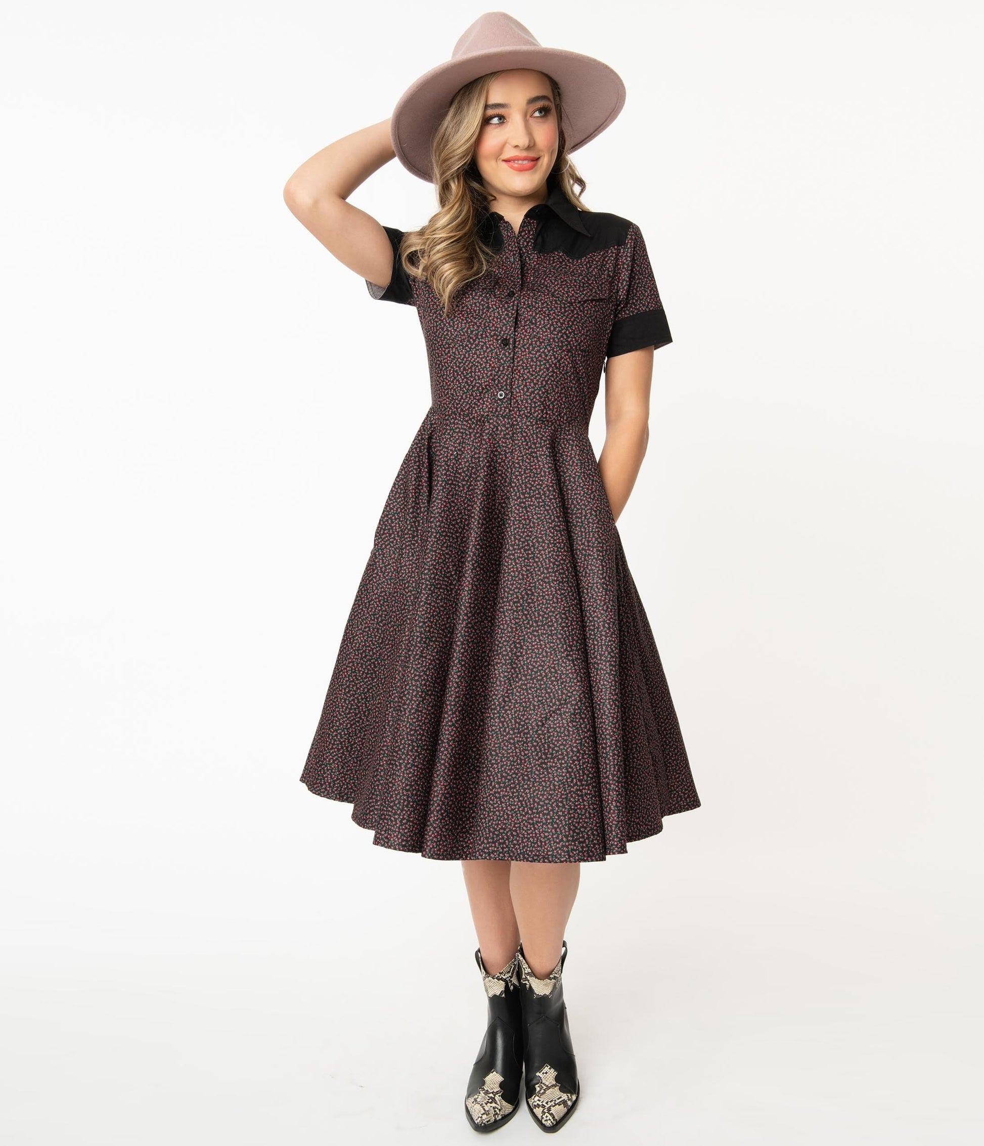 Magnolia Place Black & Pink Ditsy Floral Western Swing Dress