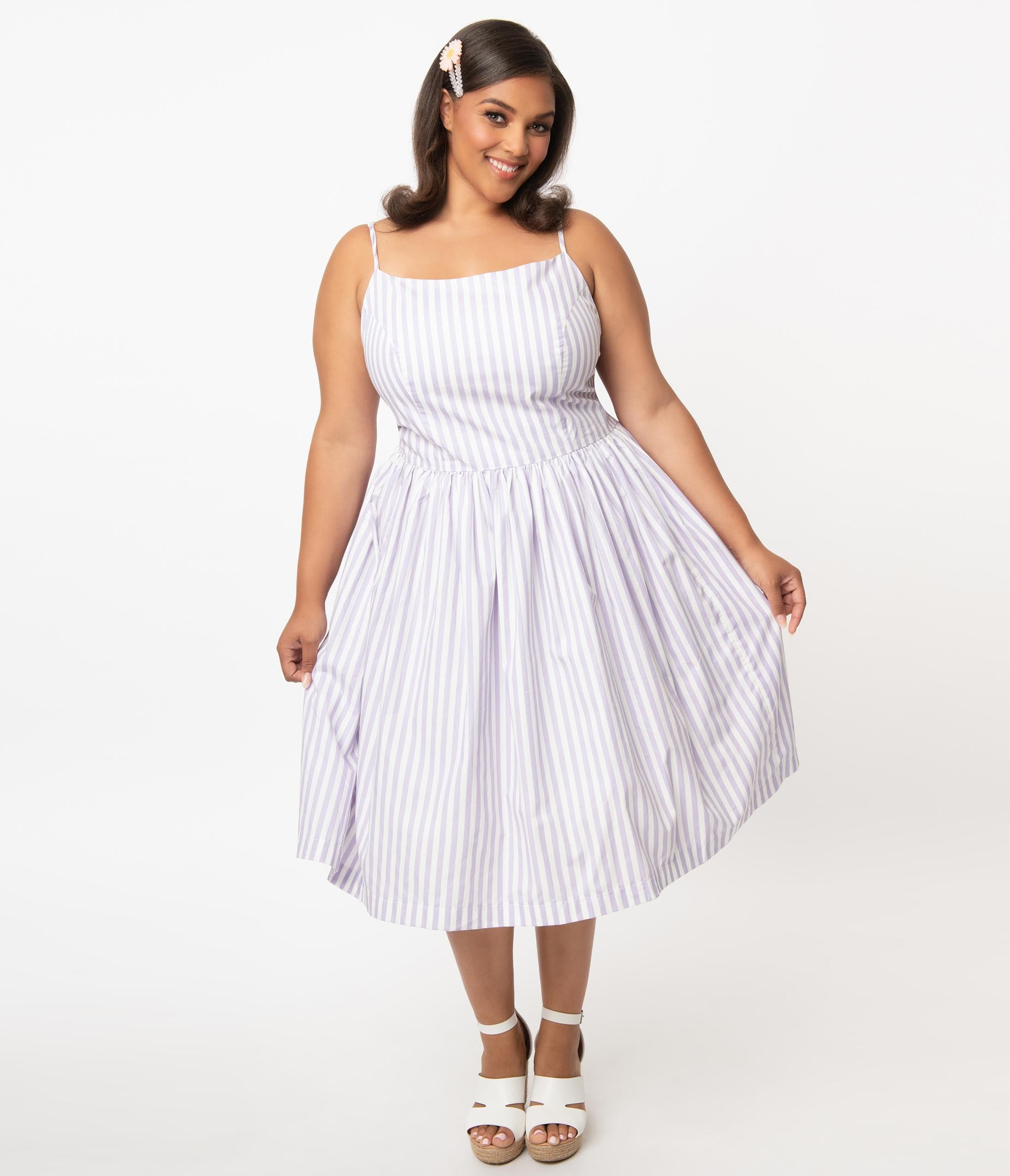 Magnolia Place Plus Size Lilac & White Stripe Jane Swing Dress – Unique ...