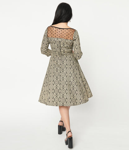 1950s Black & Cream Damask Print Swing Dress