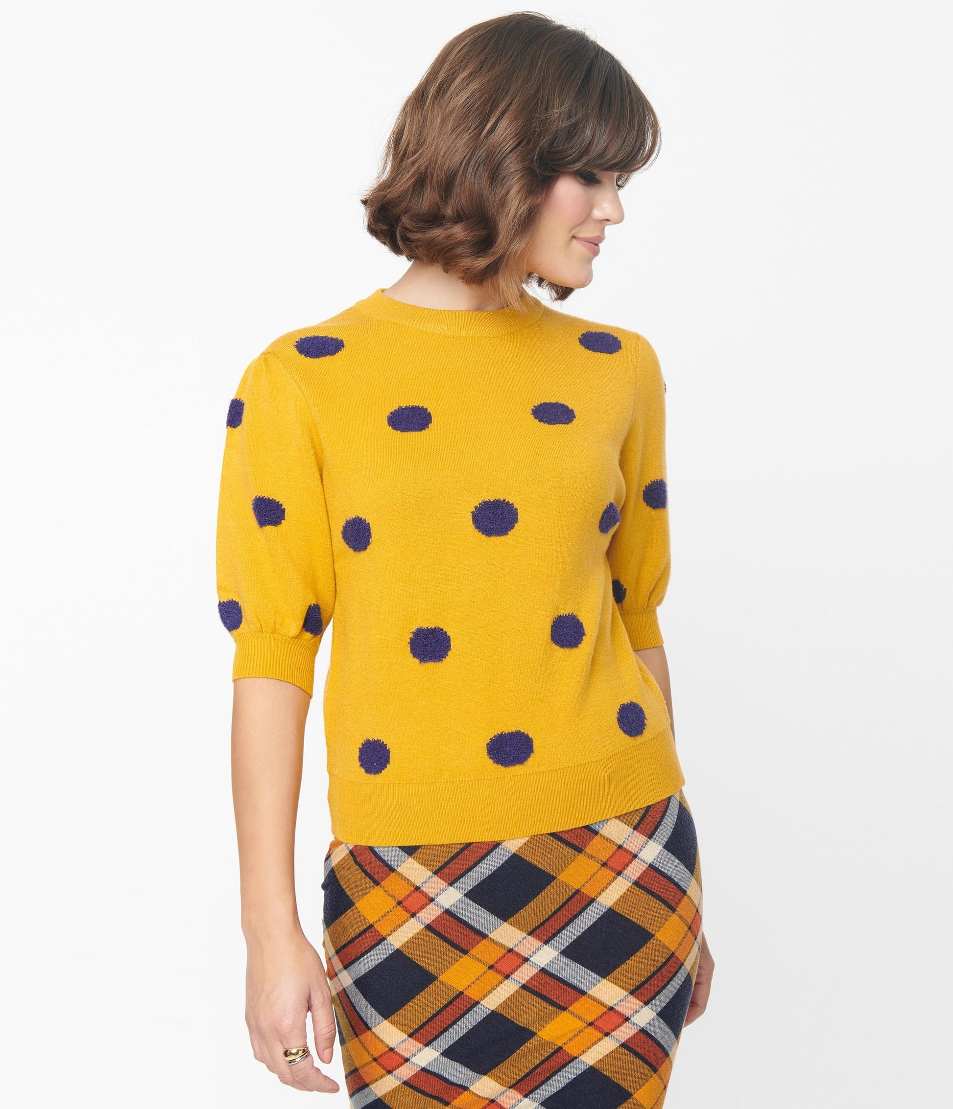 Mustard & Navy Fuzzy Polka Dot Sweater