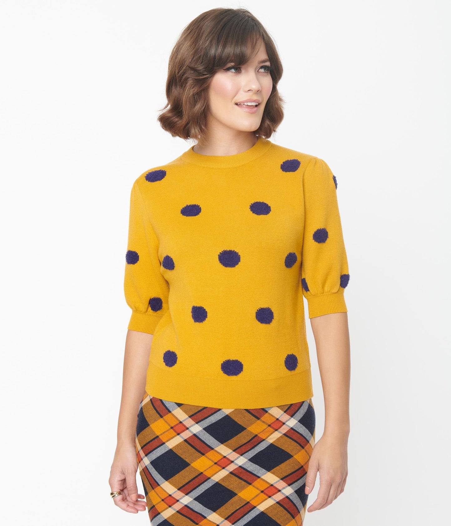 Mustard & Navy Fuzzy Polka Dot Sweater