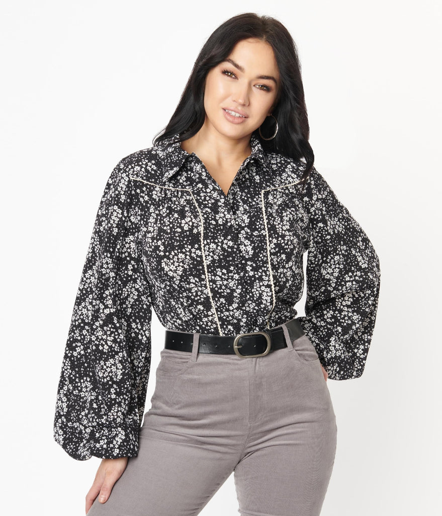 bijwoord Definitief Destructief Unique Vintage Black & White Ditzy Floral Francesca Blouse