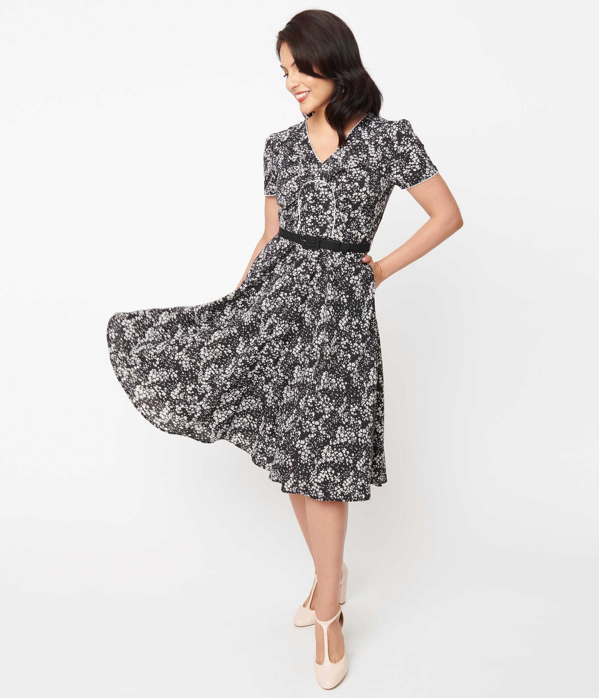 1950s Unique Vintage Black & Ivory Ditzy Floral Petula Swing Dress