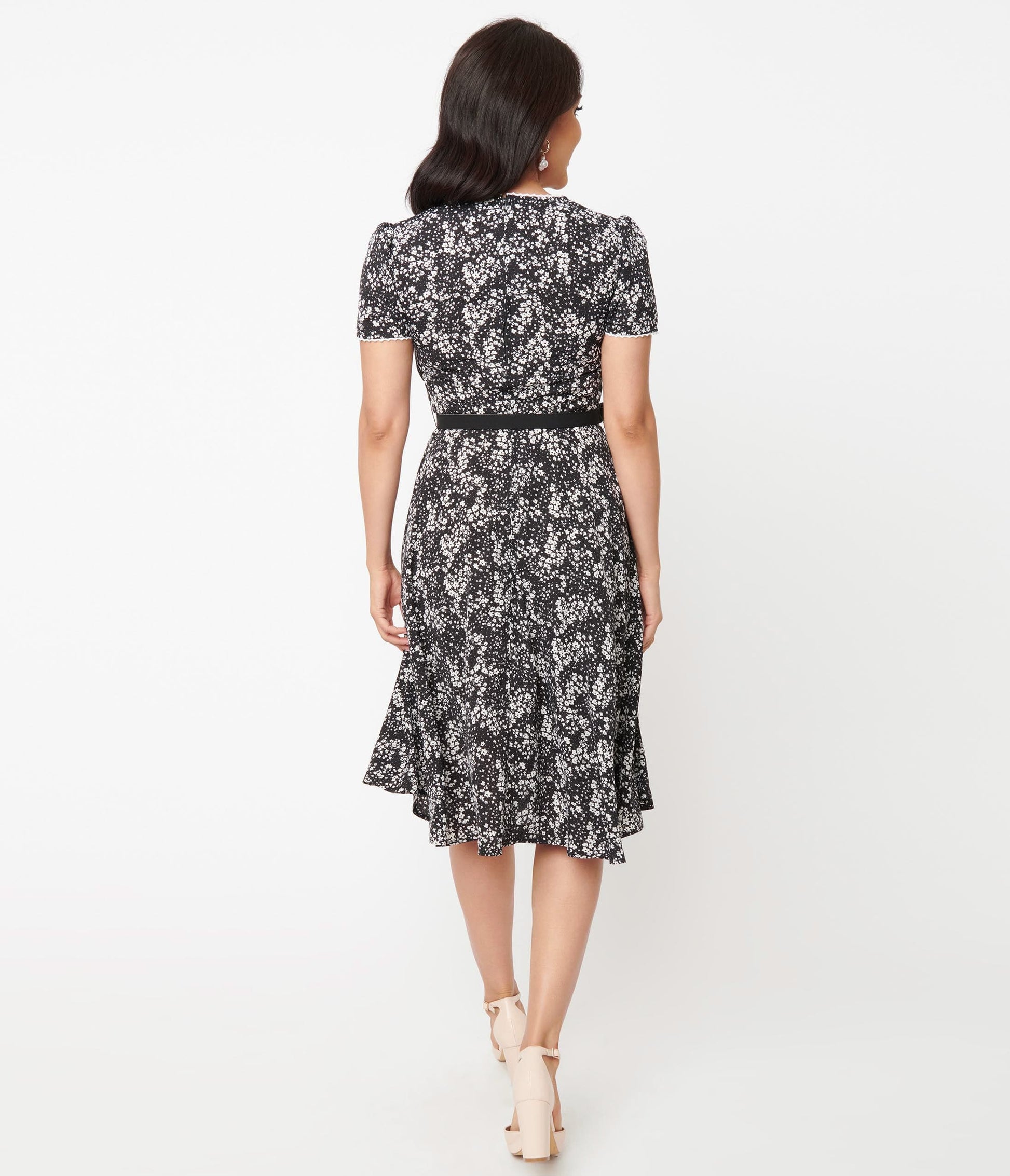 1950s Unique Vintage Black & Ivory Ditzy Floral Petula Swing Dress