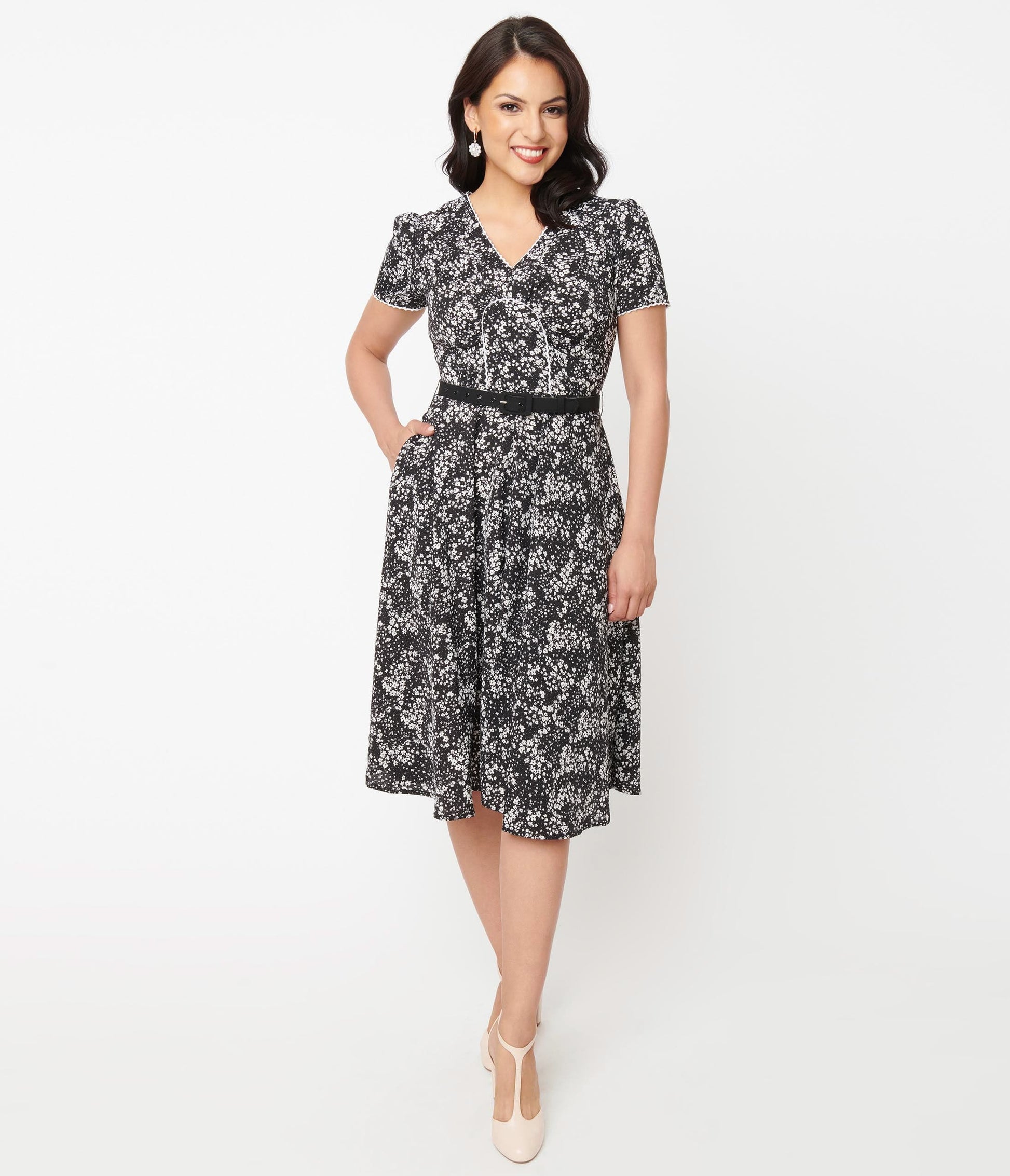 1950s Unique Vintage Black & Ivory Ditzy Floral Petula Swing Dress