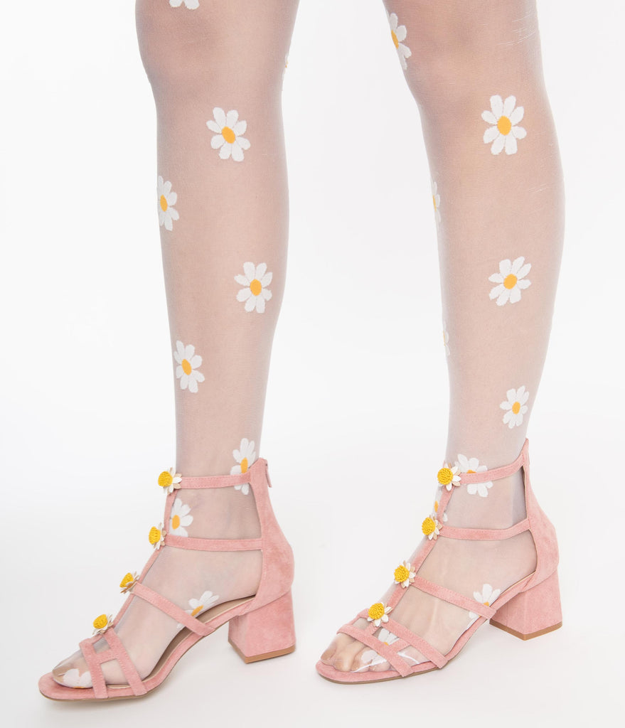 Blush Pink Suede & Daisy Leatherette Cage Heel Sandals Unique Vintage