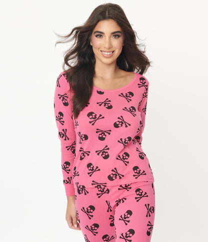 Hot Pink & Black Skulls Print Pajama Set