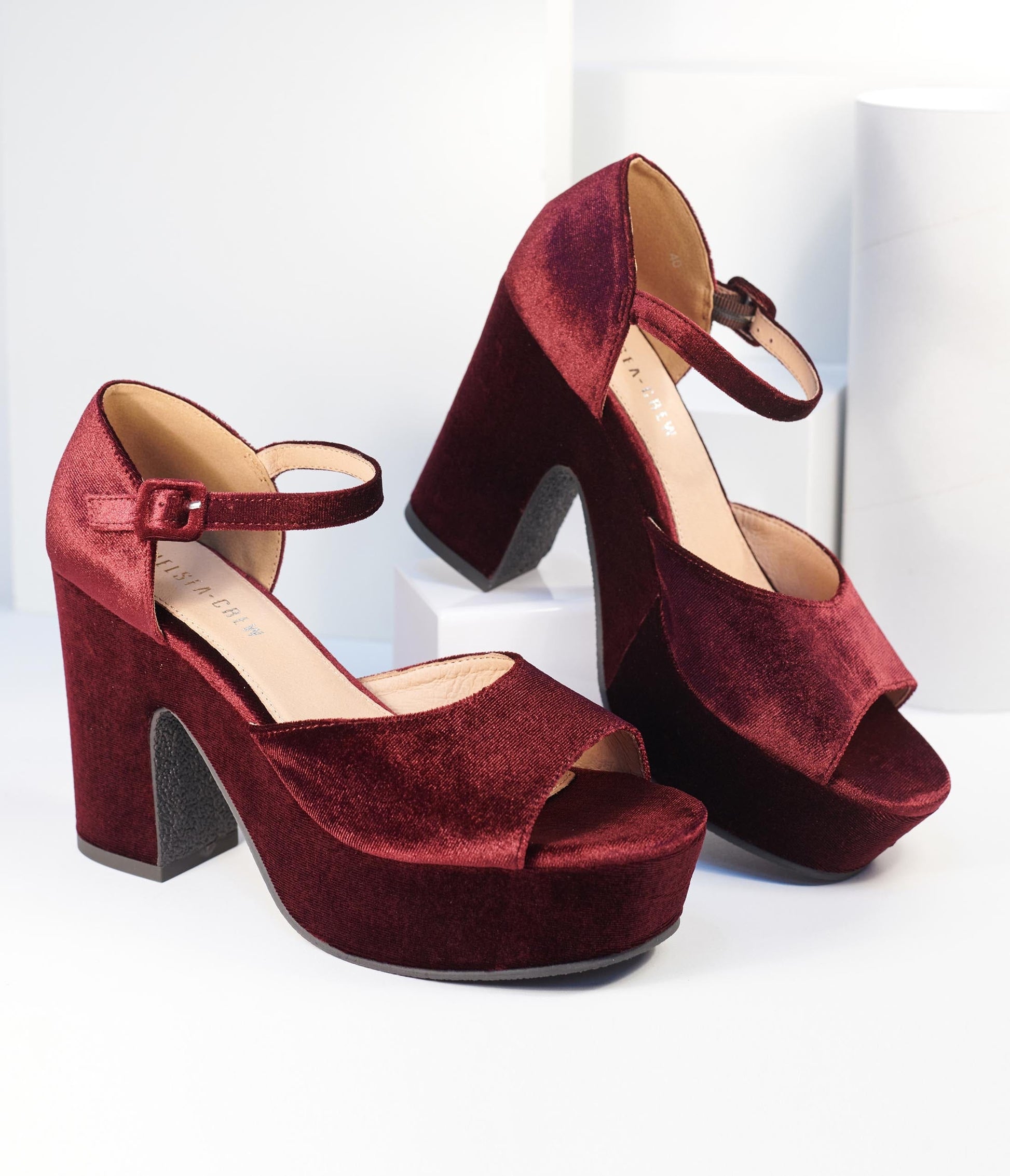 Chelsea Crew Burgundy Velvet Peep Toe Platform Heels