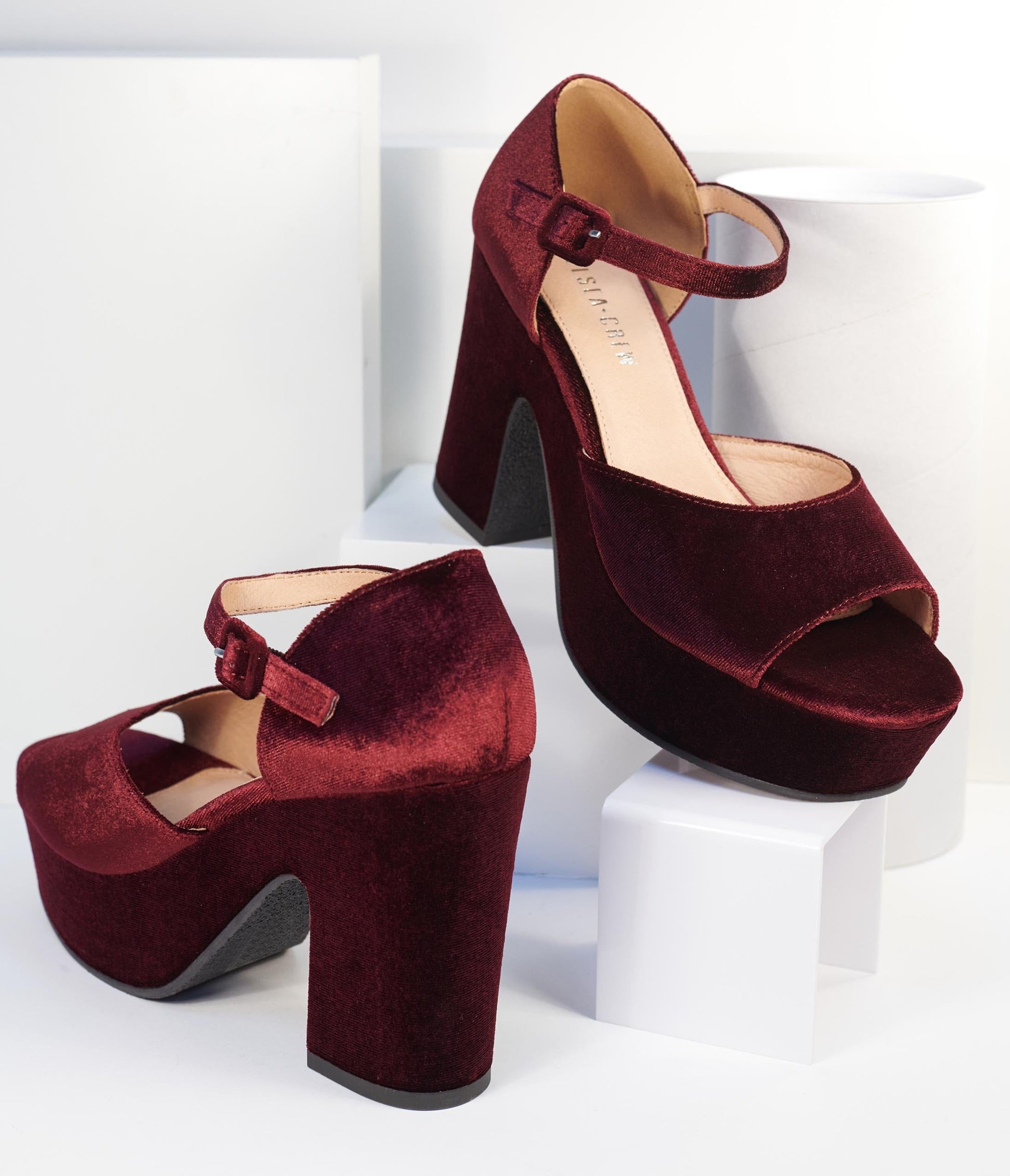 Chelsea Crew Burgundy Velvet Peep Toe Platform Heels