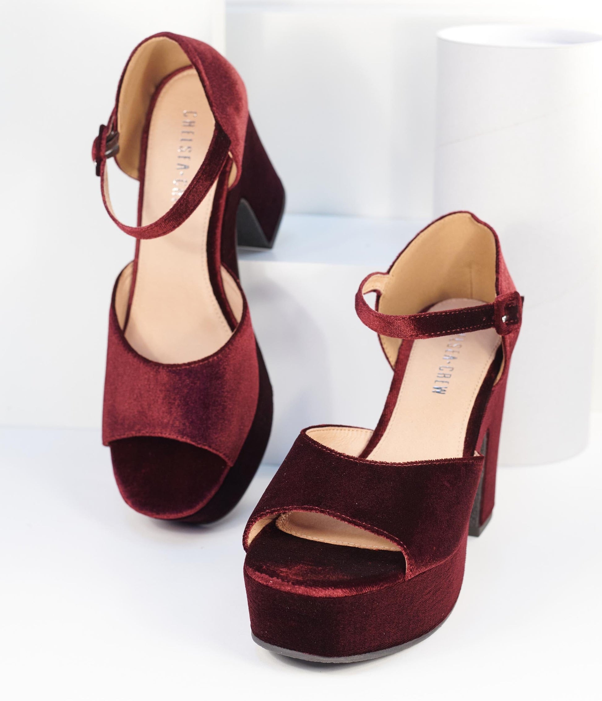 Chelsea Crew Burgundy Velvet Peep Toe Platform Heels