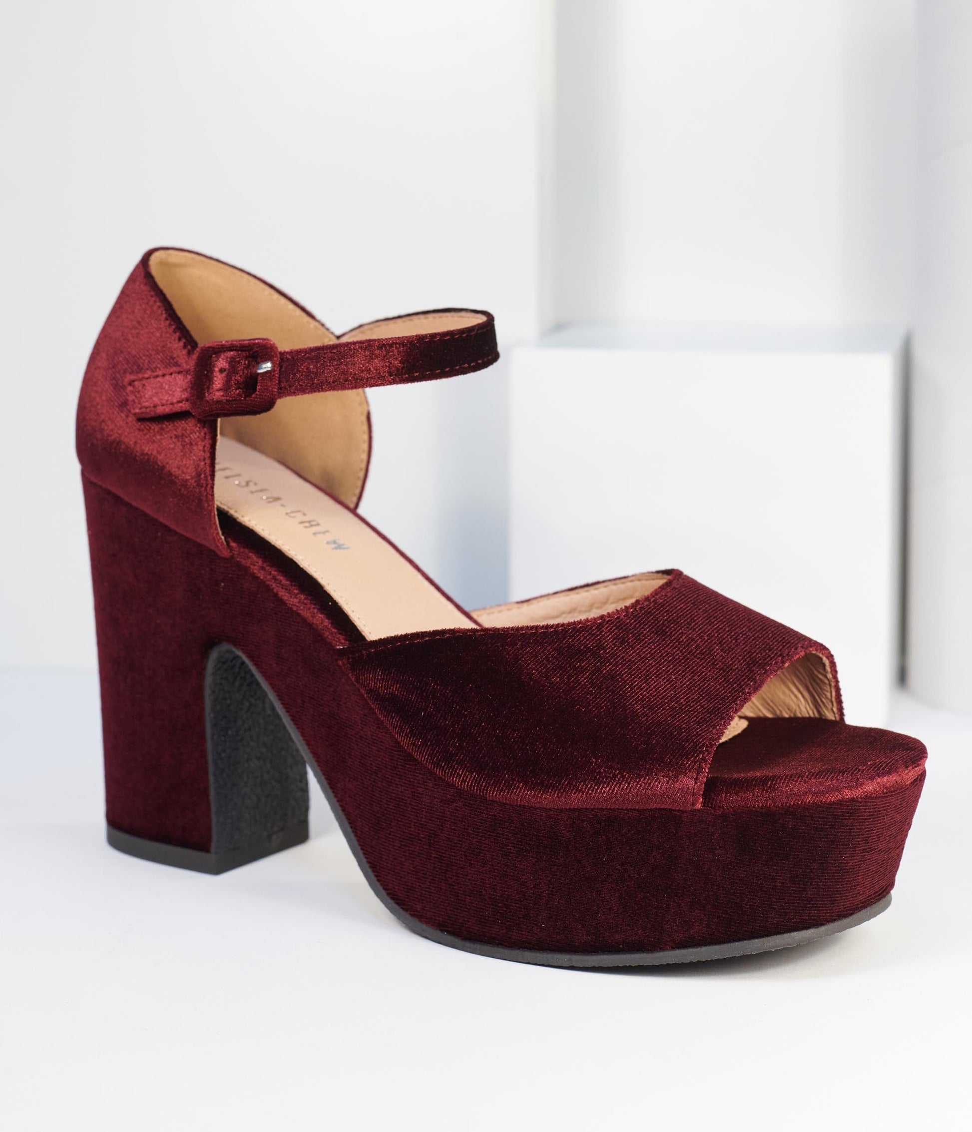 Chelsea Crew Burgundy Velvet Peep Toe Platform Heels