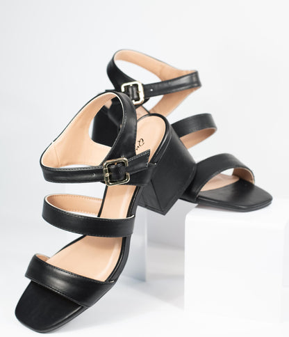 1960s Black Leatherette Strap Katen Heel Sandals