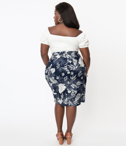 Magnolia Place Plus Size Navy Blue & White Hawaiian Print Moana Sarong Skirt