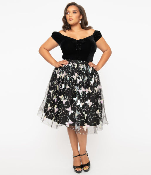 Magnolia Place Plus Size Black & Iridescent Sequin Butterfly Tulle Ski ...