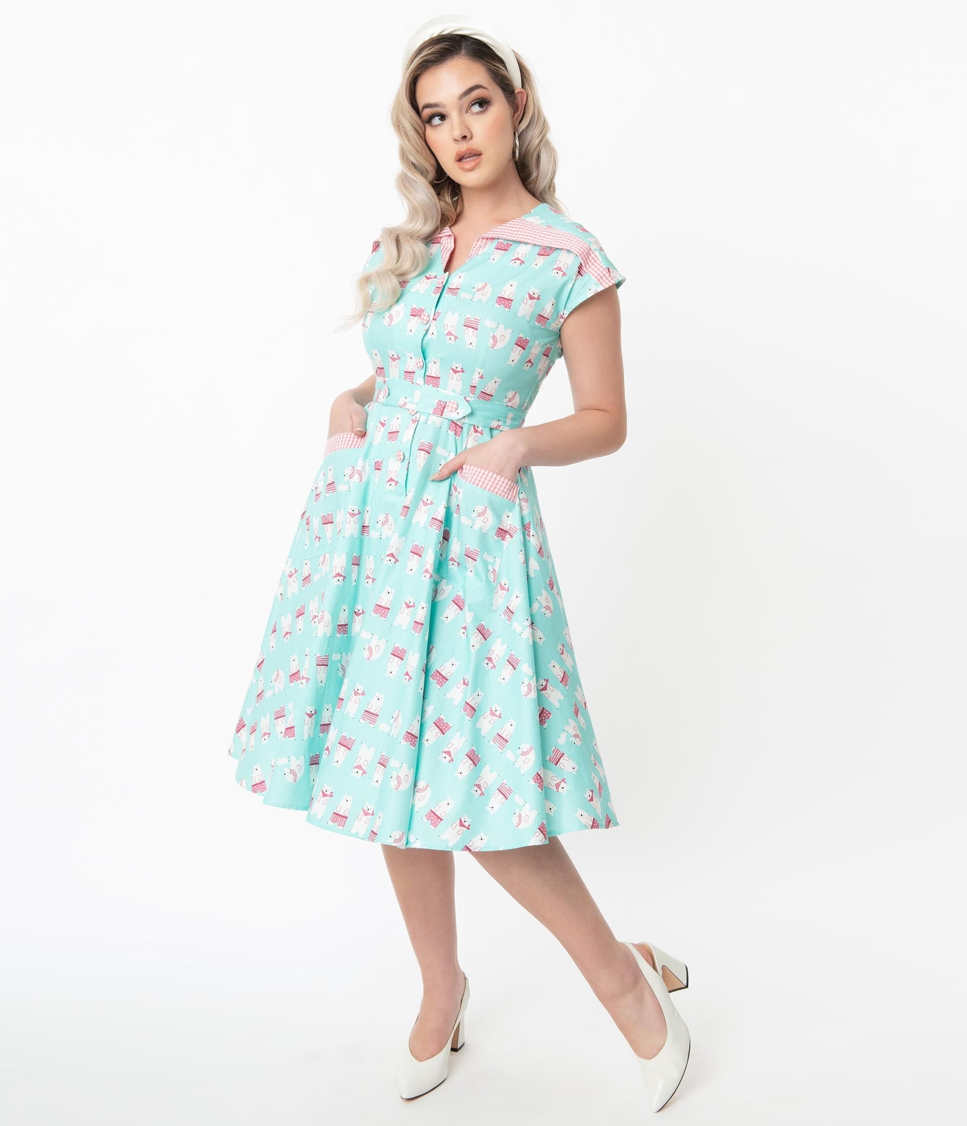 1950s Unique Vintage Arctic Blue Polar Bears Hedda Swing Dress