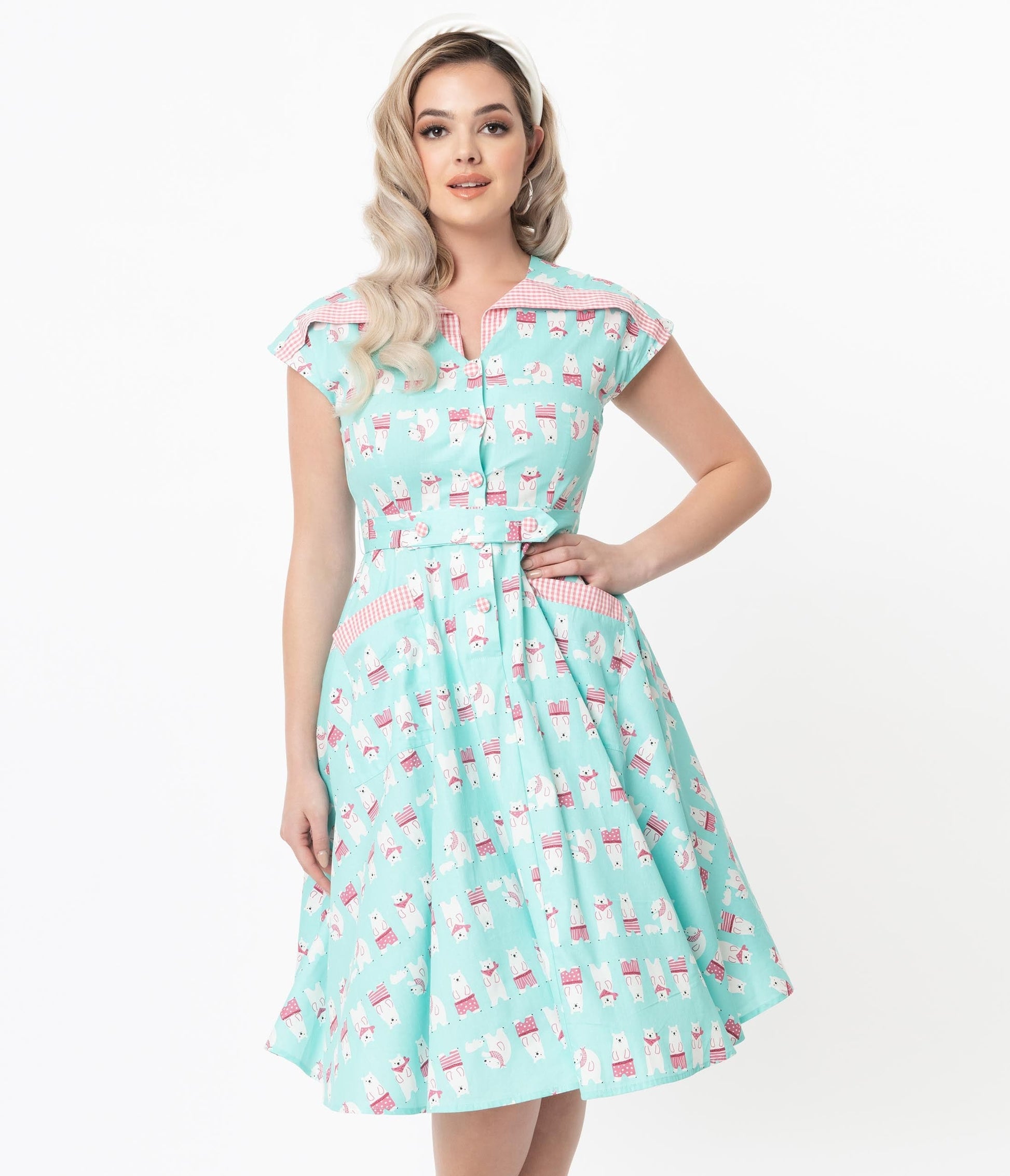 1950s Unique Vintage Arctic Blue Polar Bears Hedda Swing Dress