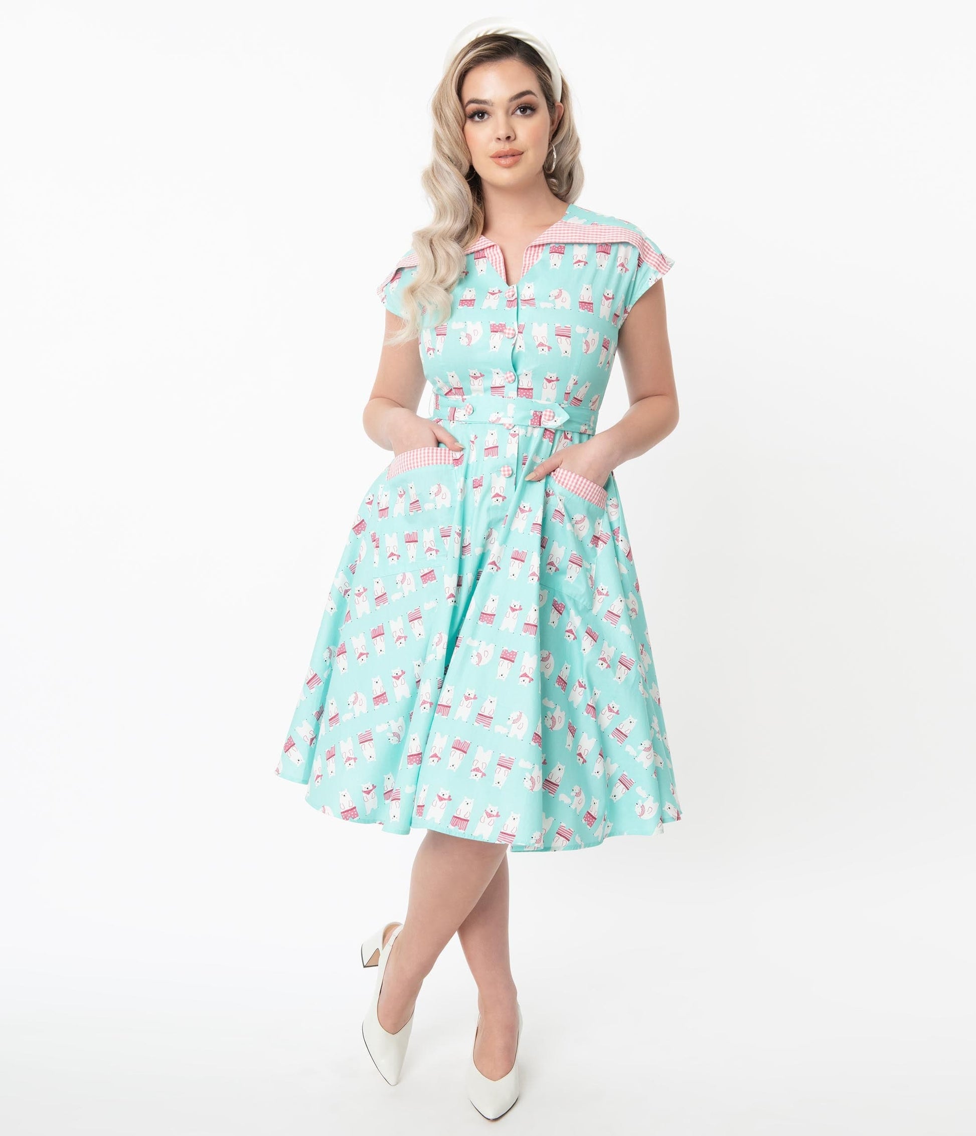 1950s Unique Vintage Arctic Blue Polar Bears Hedda Swing Dress