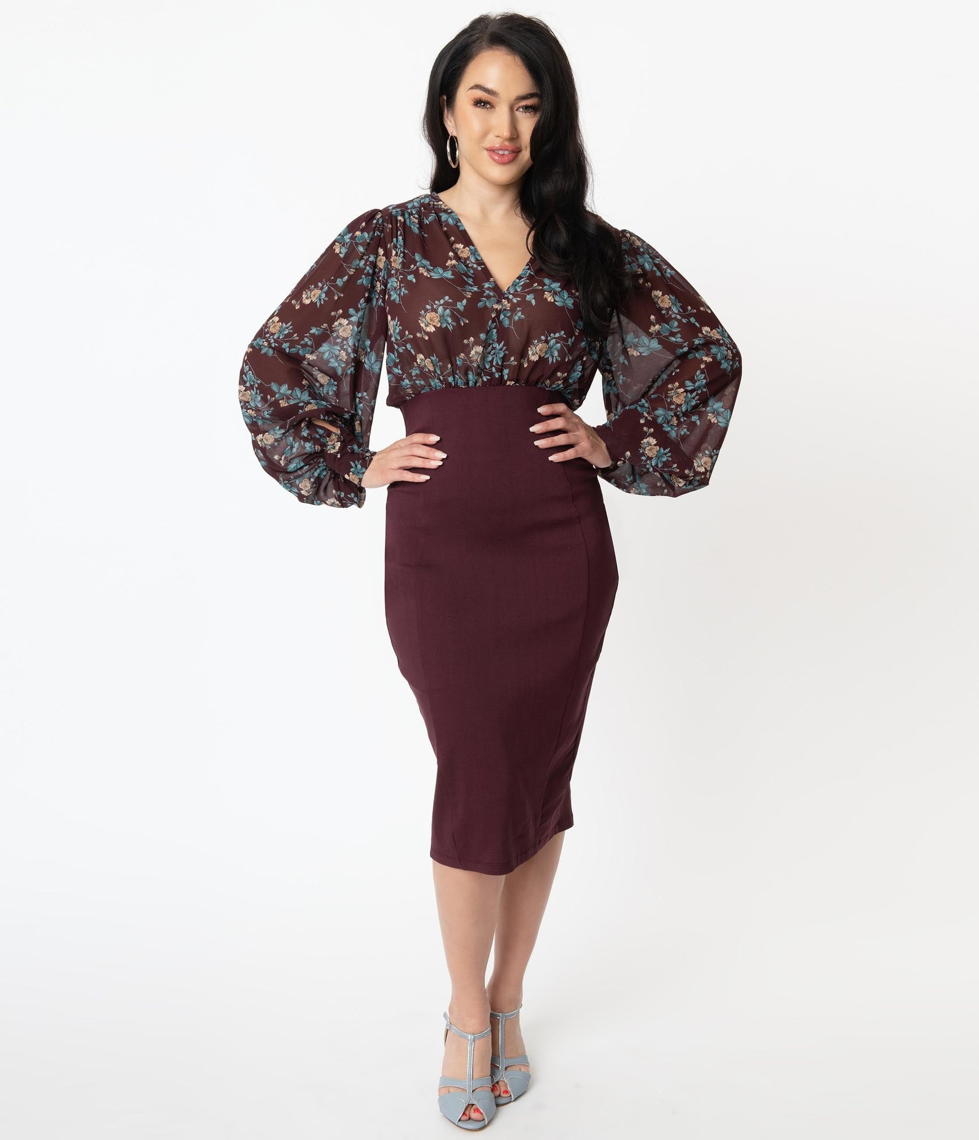Unique Vintage Burgundy & Blue Floral Swanson Wiggle Dress