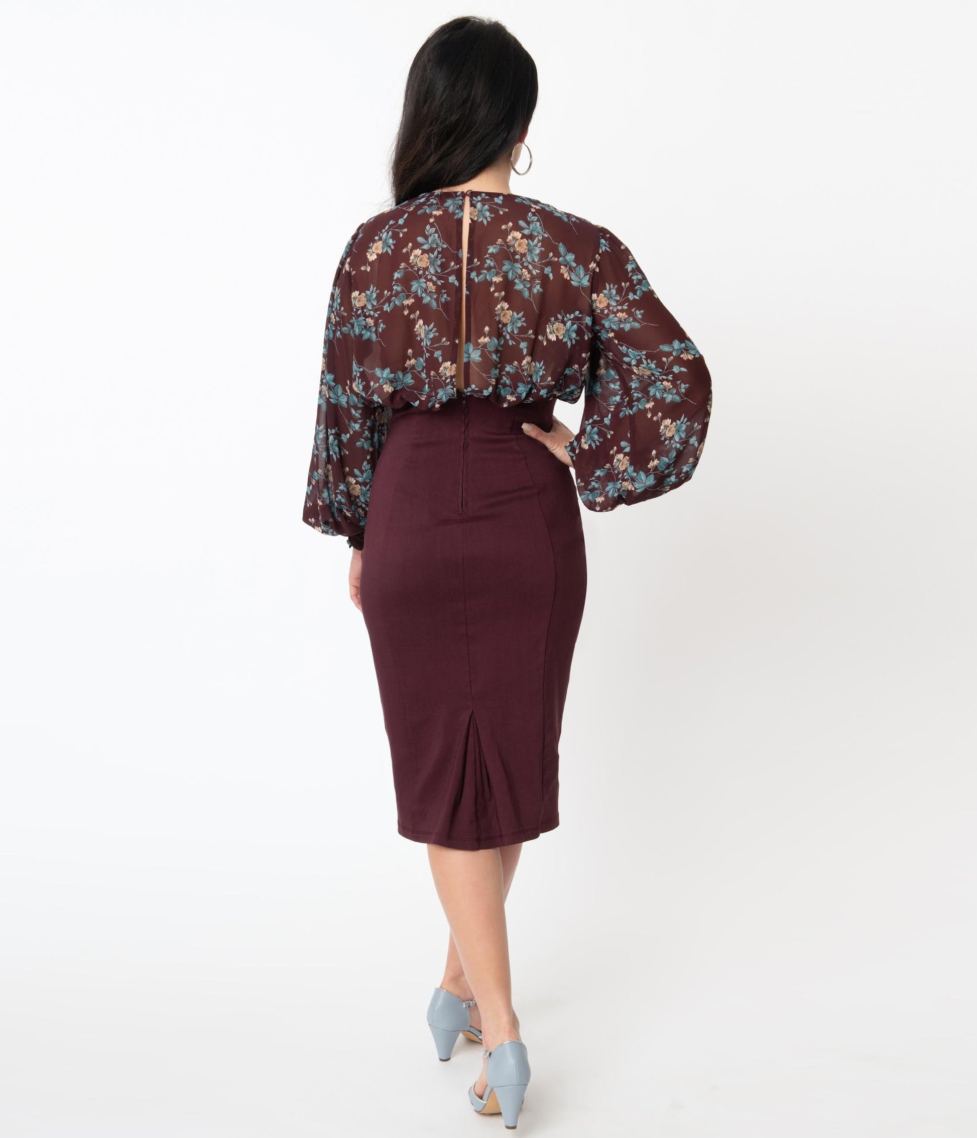 Unique Vintage Burgundy & Blue Floral Swanson Wiggle Dress