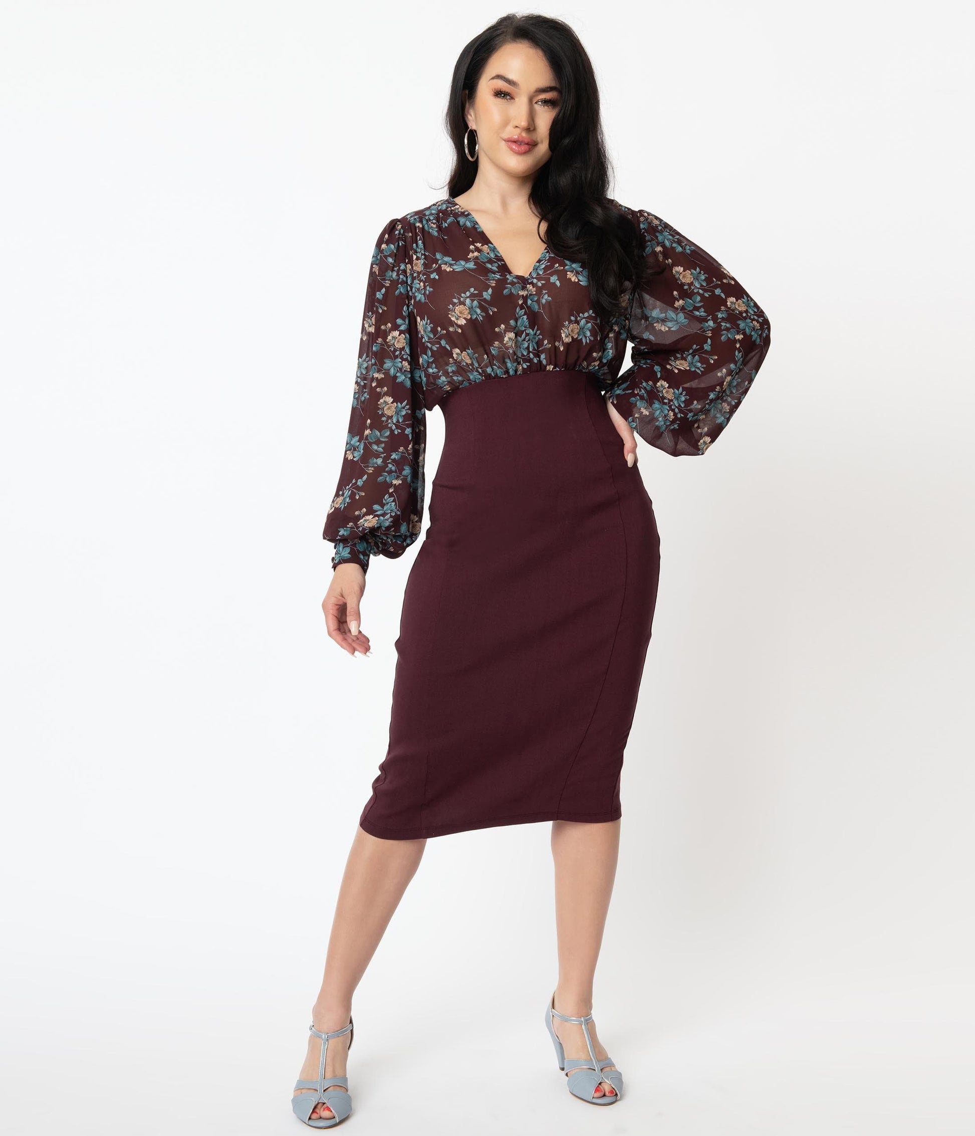 Unique Vintage Burgundy & Blue Floral Swanson Wiggle Dress