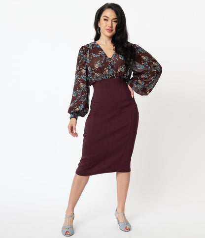 Unique Vintage Burgundy & Blue Floral Swanson Wiggle Dress