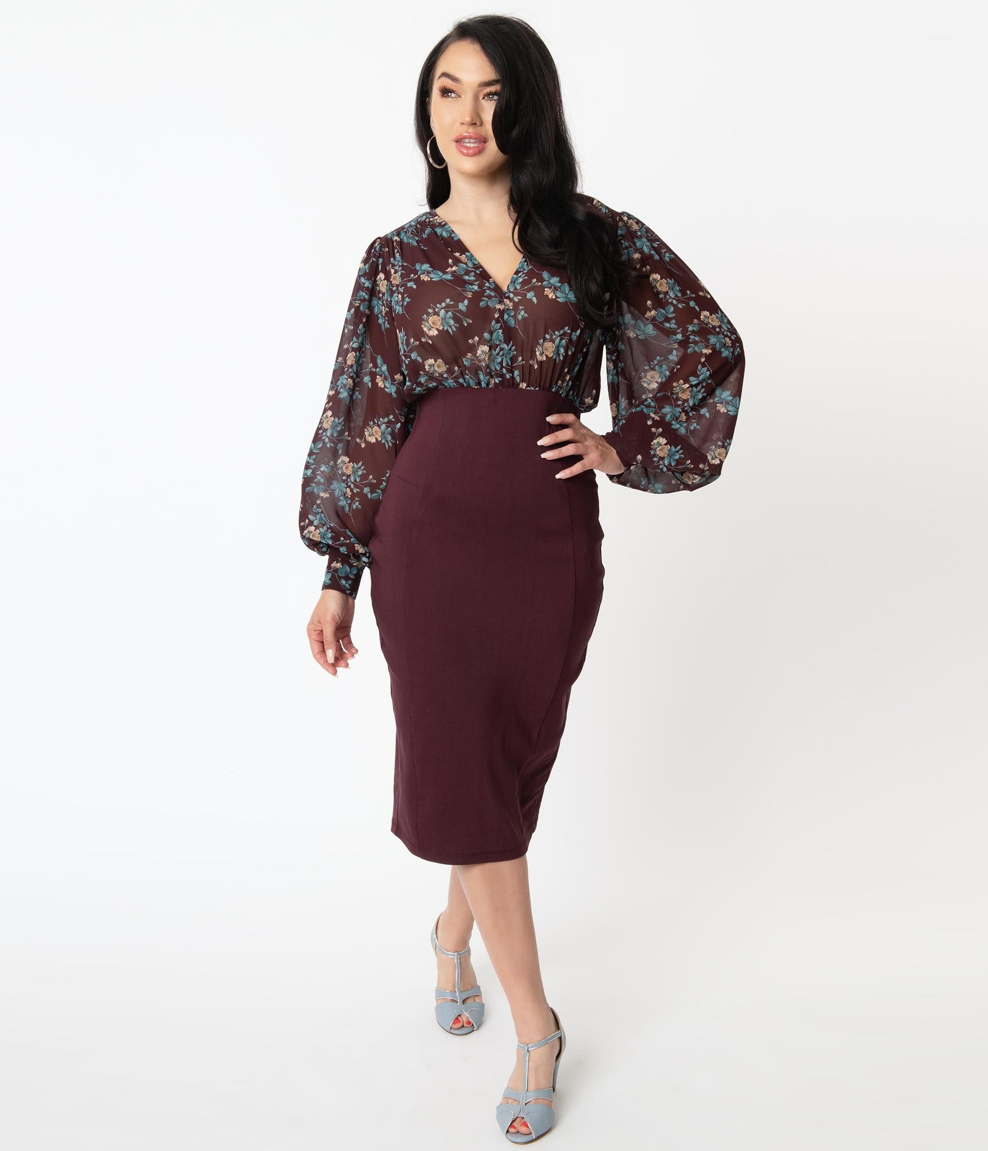 Unique Vintage Burgundy & Blue Floral Swanson Wiggle Dress