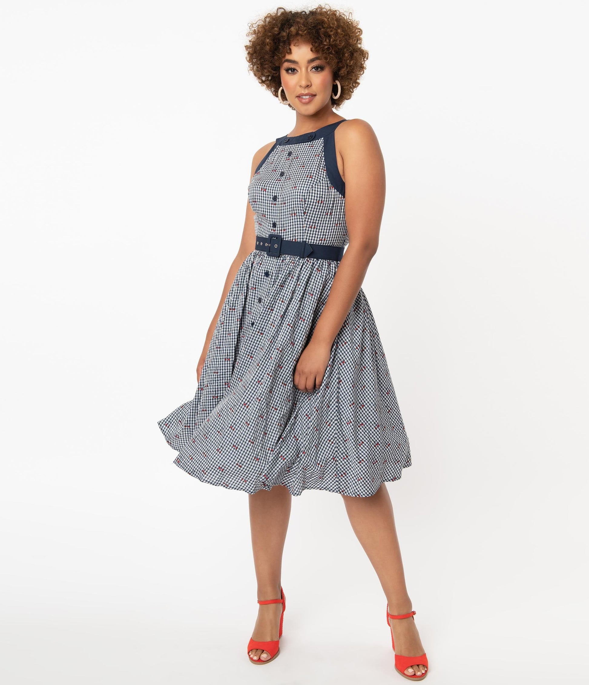 1950s Unique Vintage Navy Gingham & Cherry Print Maxine Swing Dress