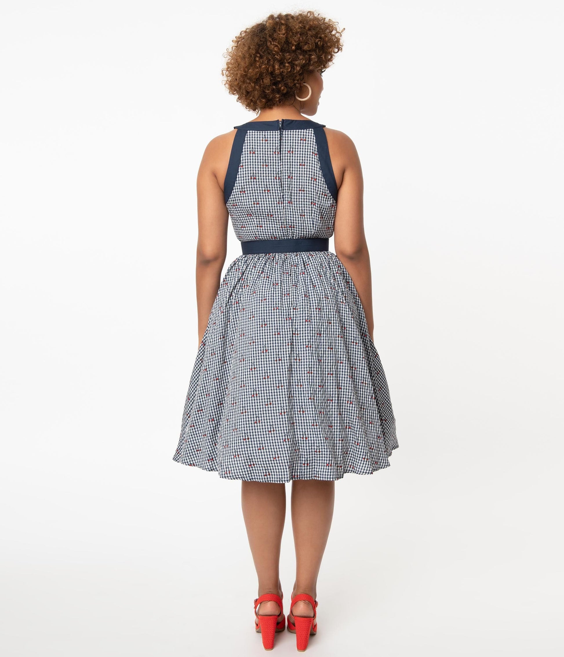 1950s Unique Vintage Navy Gingham & Cherry Print Maxine Swing Dress
