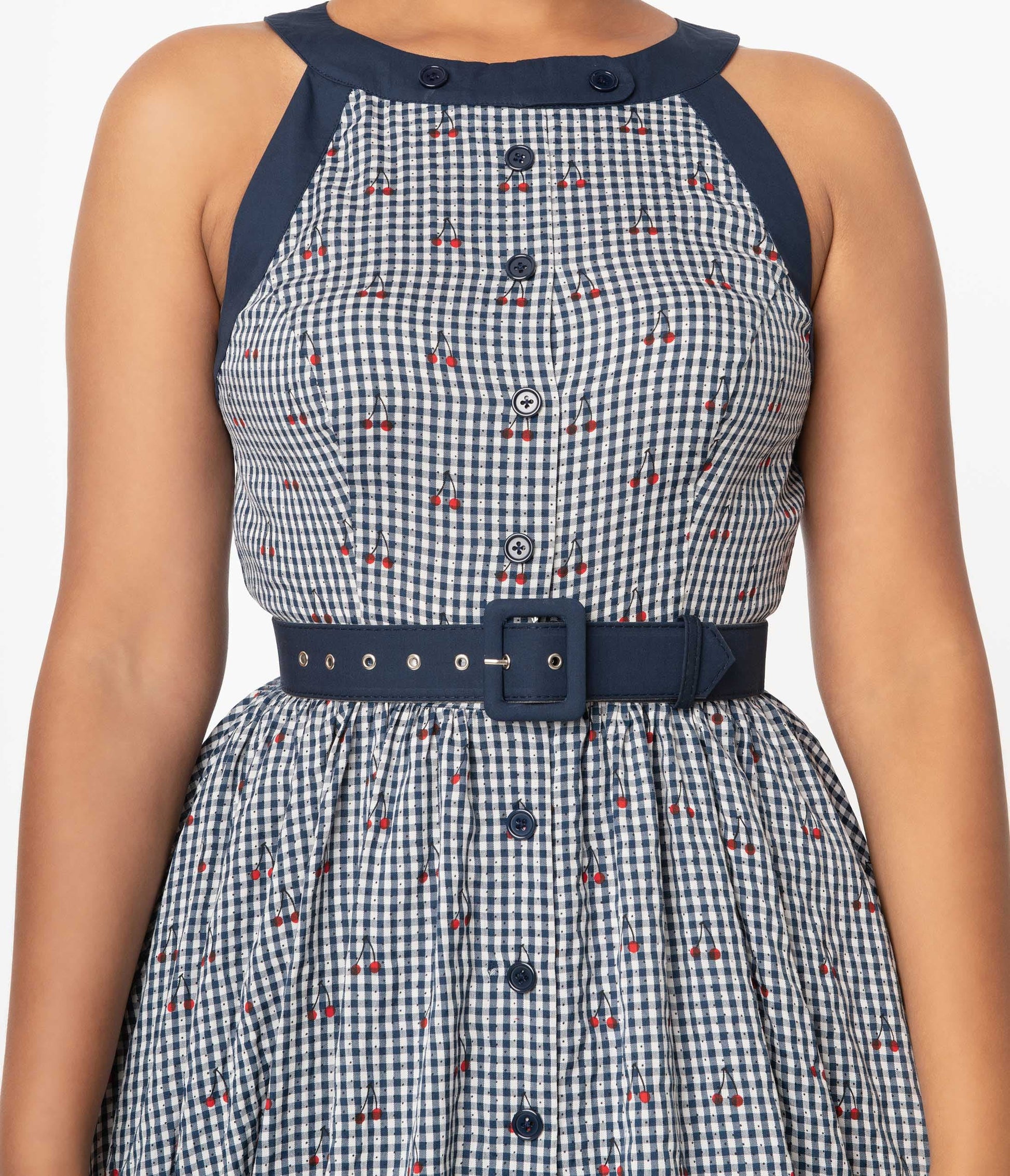 1950s Unique Vintage Navy Gingham & Cherry Print Maxine Swing Dress