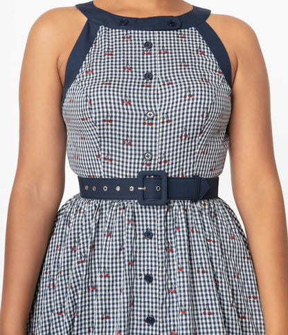 1950s Unique Vintage Navy Gingham & Cherry Print Maxine Swing Dress