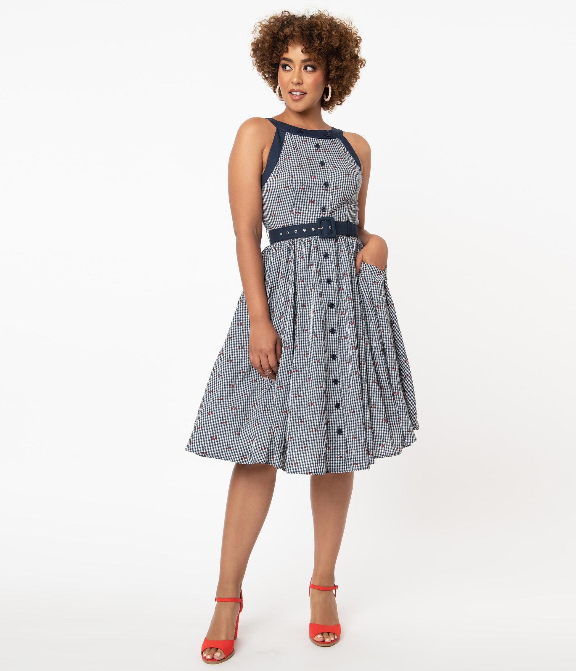 1950s Unique Vintage Navy Gingham & Cherry Print Maxine Swing Dress