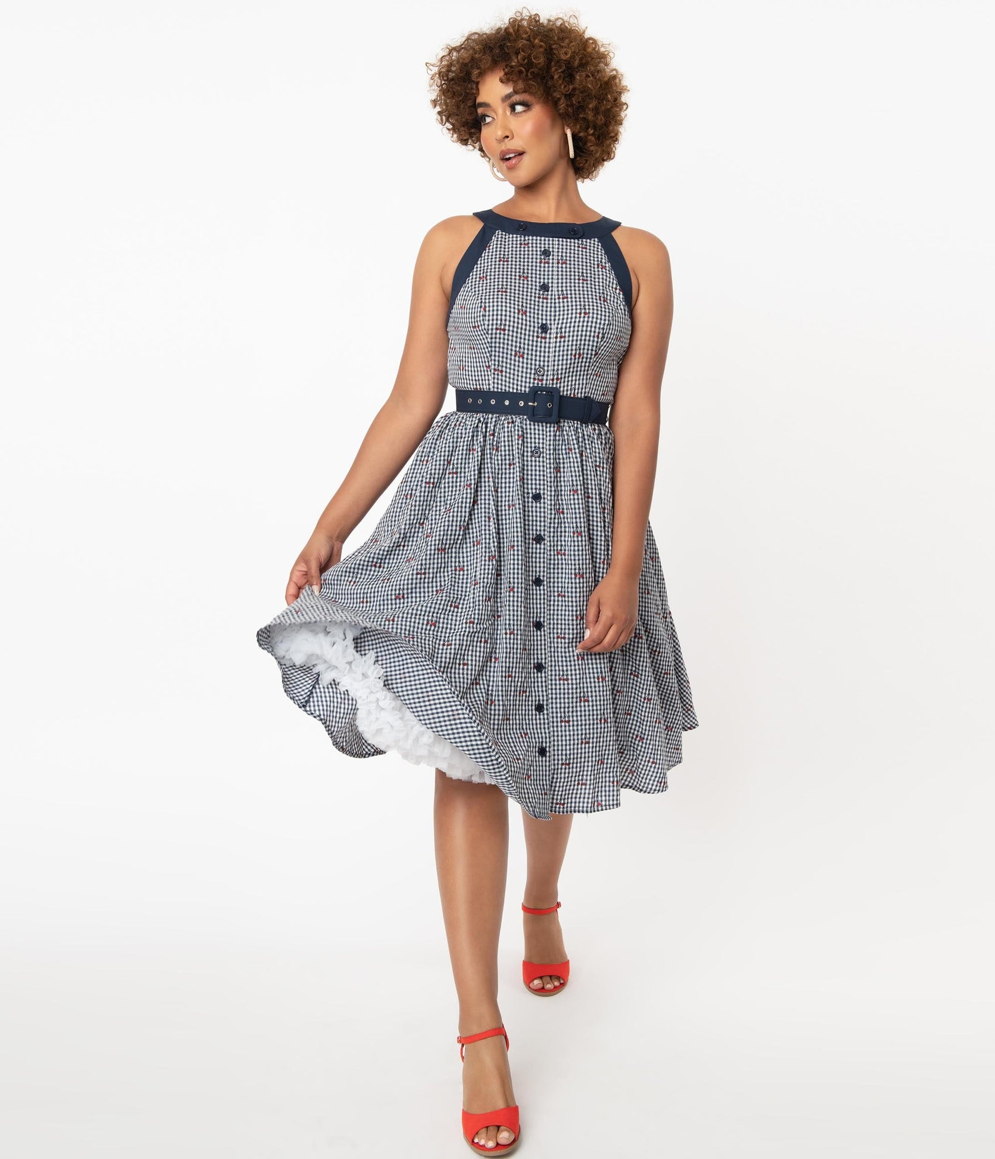 1950s Unique Vintage Navy Gingham & Cherry Print Maxine Swing Dress