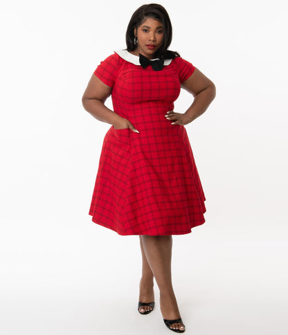 Unique Vintage Plus Size Red & Black Plaid Eloise Swing Dress