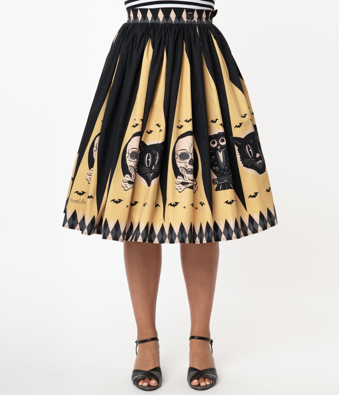 Retro Style Black & Classic Gold Halloween Treat Swing Skirt