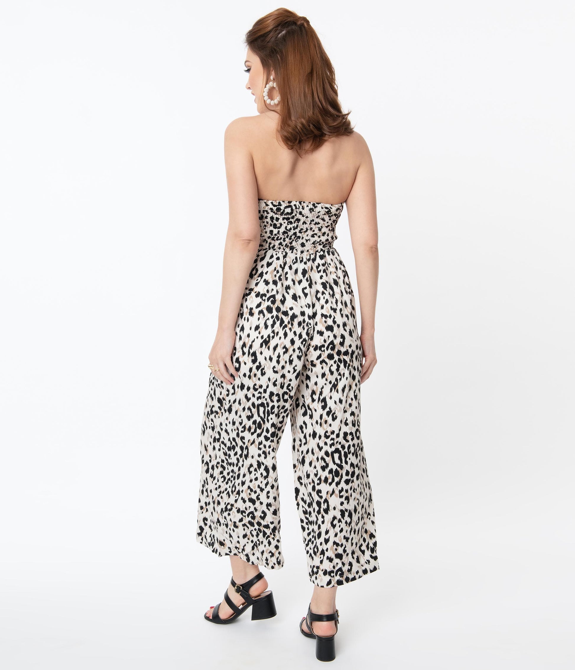 Retro Off White Animal Print Strapless Jumpsuit