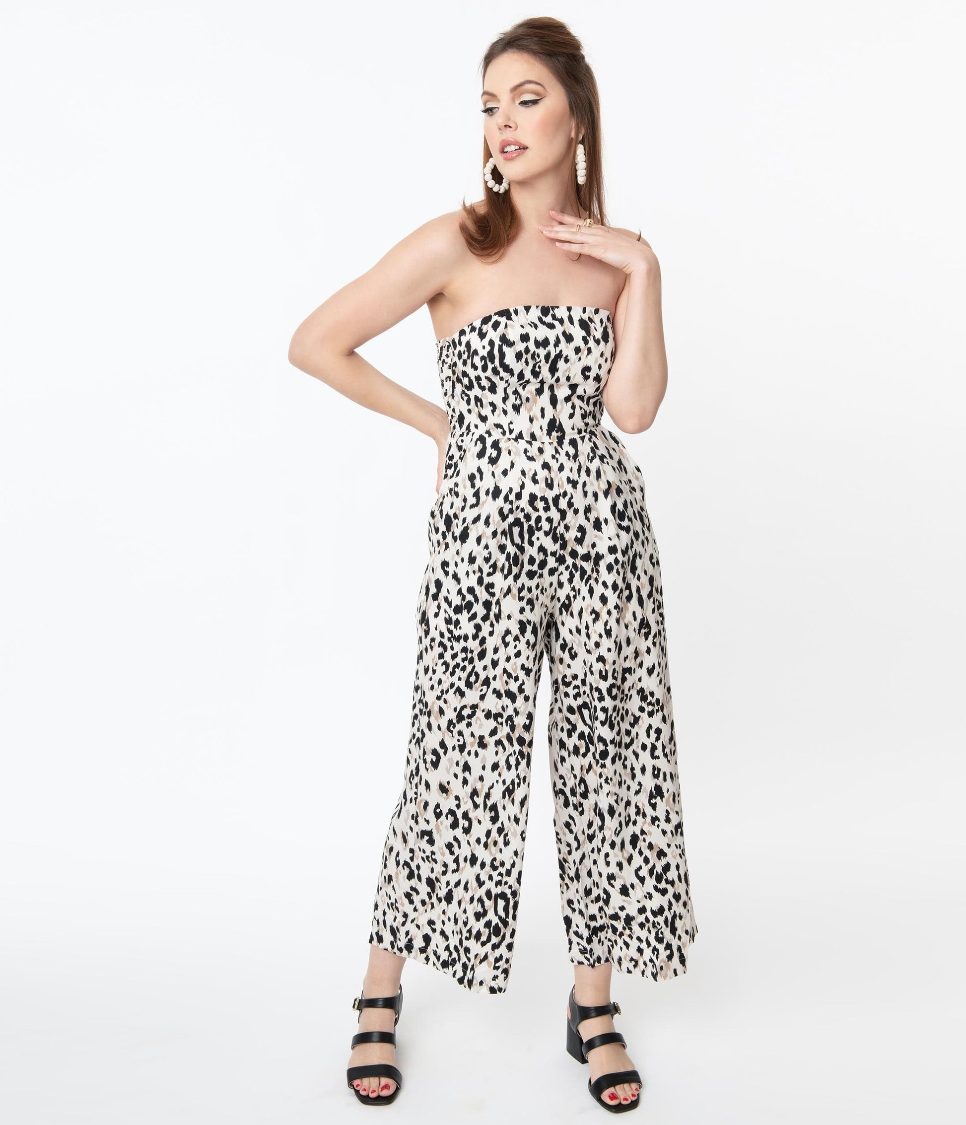 Retro Off White Animal Print Strapless Jumpsuit