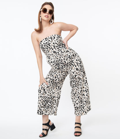 Retro Off White Animal Print Strapless Jumpsuit