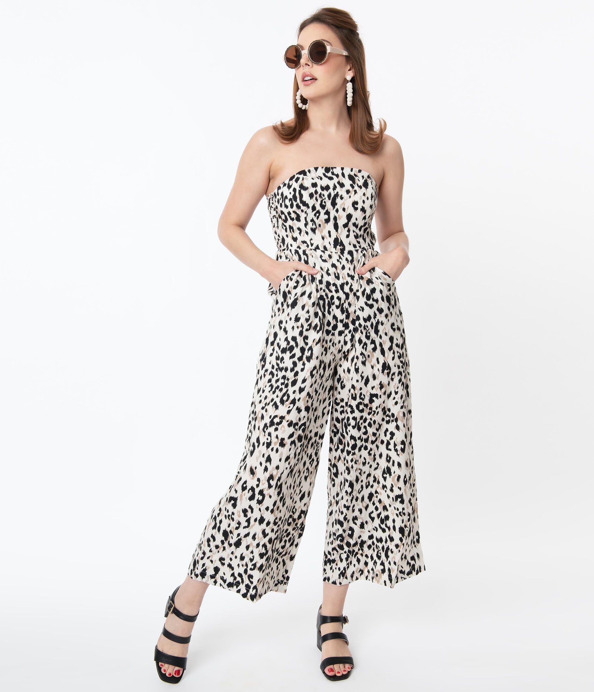 Retro Off White Animal Print Strapless Jumpsuit