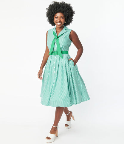 Unique Vintage Green & White Stripe Edith Swing Dress