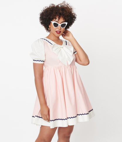 1960s Unique Vintage Light Pink & White Sailor Darla Babydoll Dress