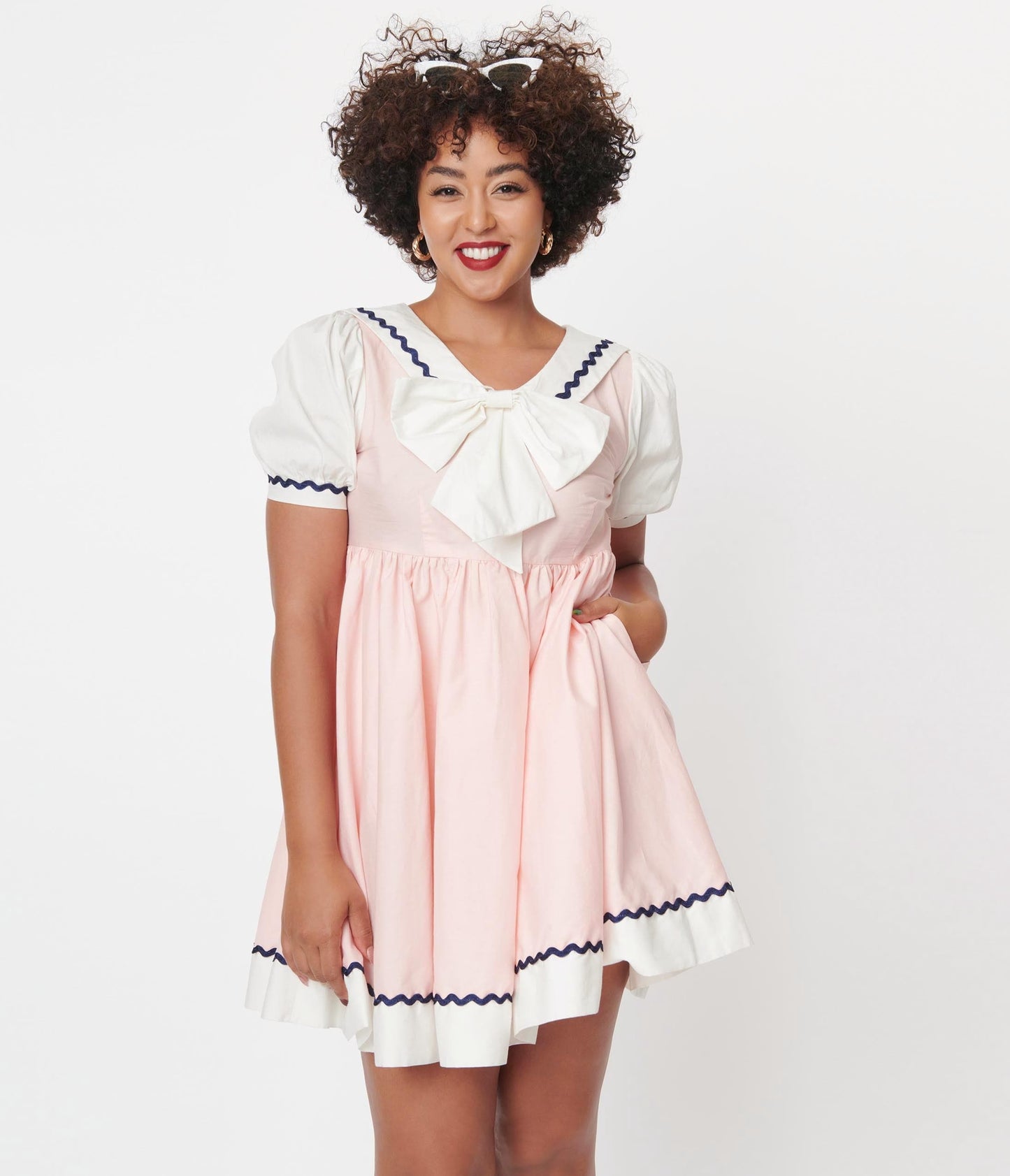 1960s Unique Vintage Light Pink & White Sailor Darla Babydoll Dress