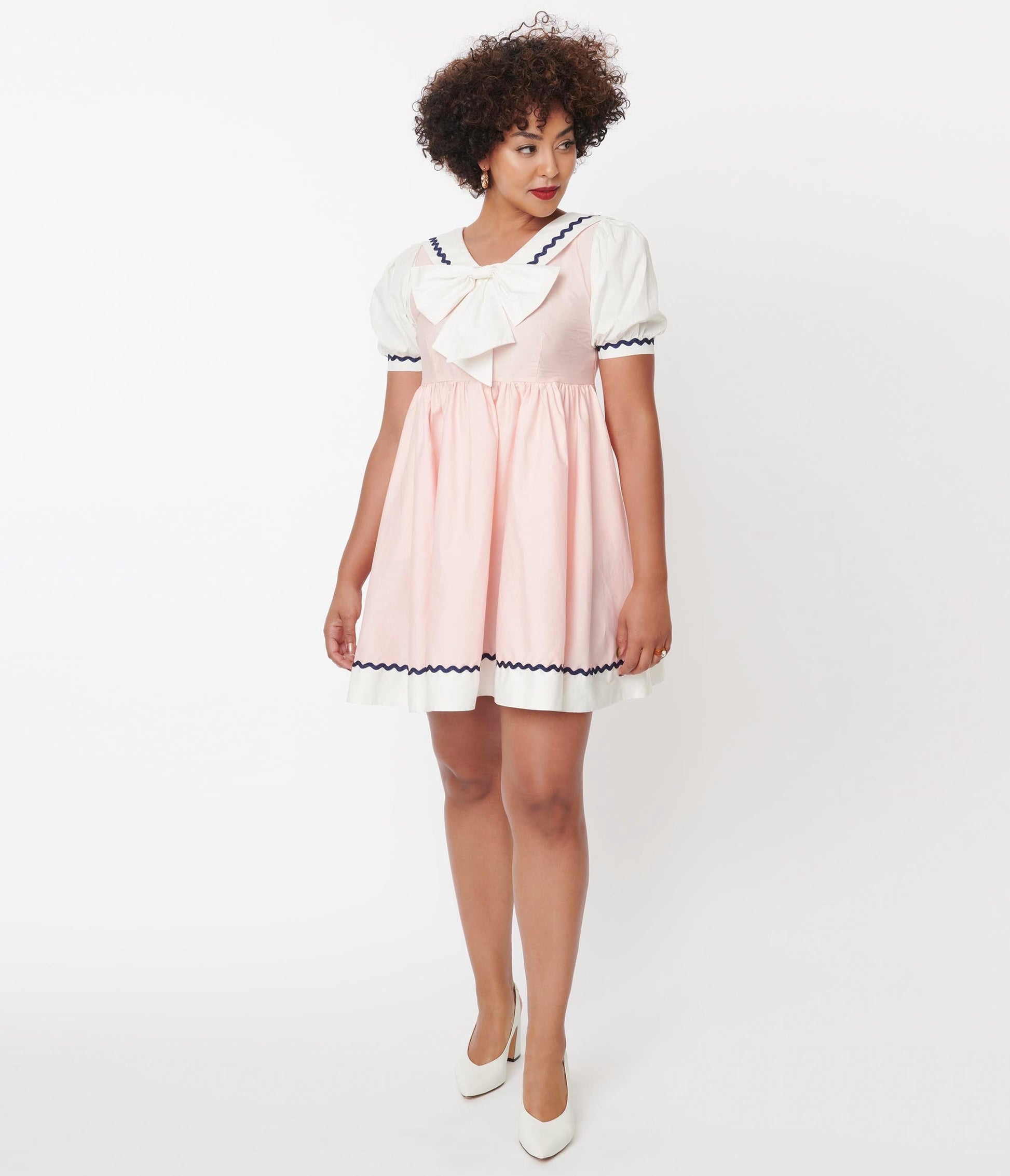 1960s Unique Vintage Light Pink & White Sailor Darla Babydoll Dress