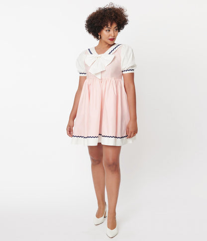 1960s Unique Vintage Light Pink & White Sailor Darla Babydoll Dress