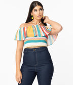 Multicolor Stripe Off Shoulder Halter Crop Blouse