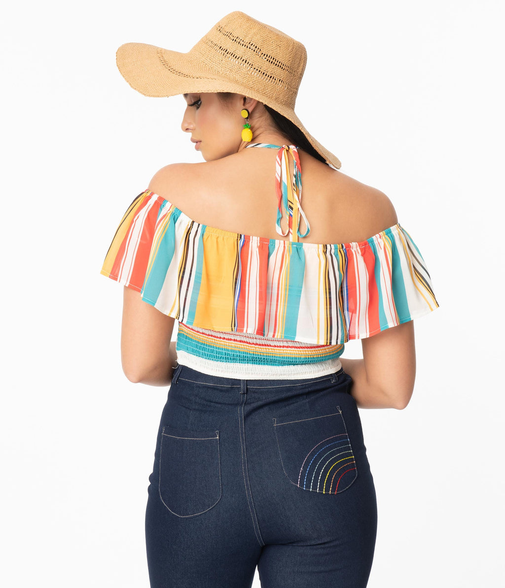 Multicolor Stripe Off Shoulder Halter Crop Blouse