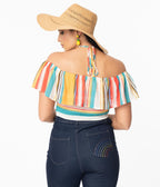 Multicolor Stripe Off Shoulder Halter Crop Blouse