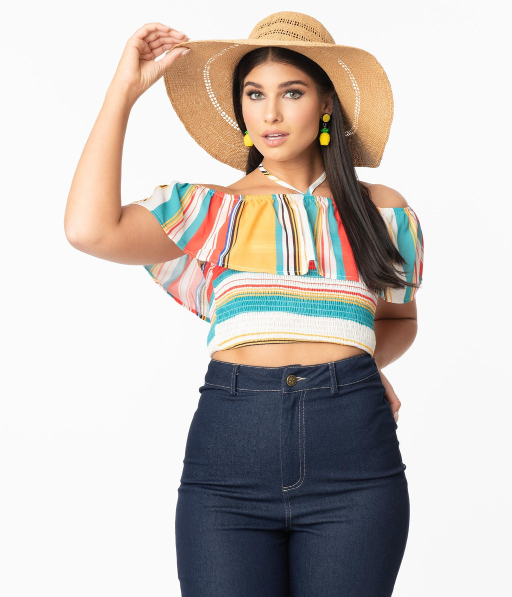 Multicolor Stripe Off Shoulder Halter Crop Blouse