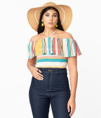 Multicolor Stripe Off Shoulder Halter Crop Blouse